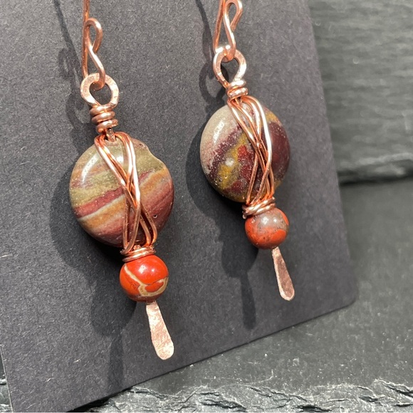 Artisan Copper and Earthy Agate and Jasper Stone Earrings - Picture 5 of 14